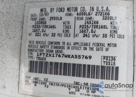 1998 Ford F150 from USA, damaged, VIN 1FTZX1767WKA55769